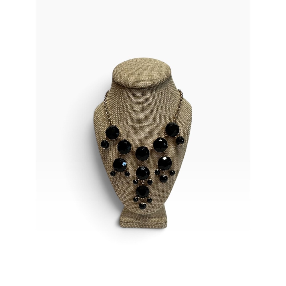 etc! Bib Necklace 20" Black Gold Tone Statement Tiered Faceted